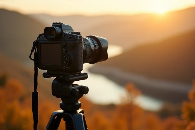 Professionelle Fotografie von Nibel River Studio: Eine hochwertige Kamera auf einem Stativ, bereit für Landschaftsaufnahmen bei Sonnenuntergang.