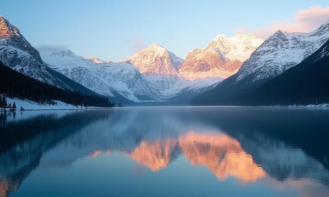 Atemberaubender Bergsee bei Sonnenaufgang, umgeben von schneebedeckten Gipfeln.